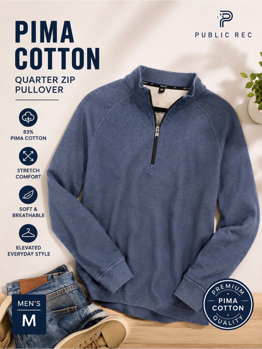 Public Rec Men’s M Pima Cotton Quarter Zip Pullover Blue Stretch Sweatshirt